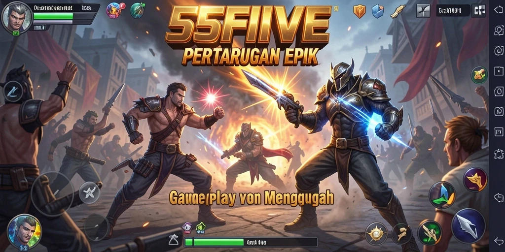 Gameplay 55FIVE menampilkan pertarungan seru dengan karakter yang beragam.