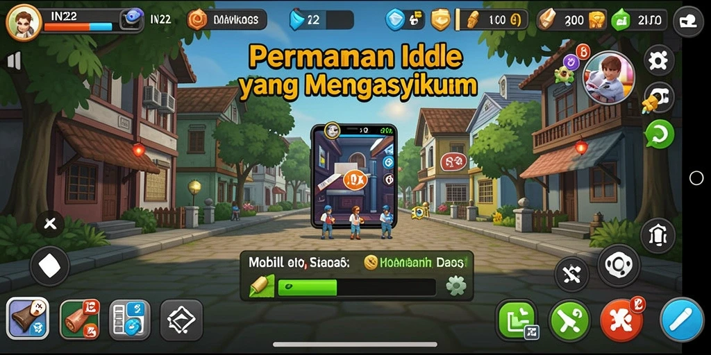 Tampilan gameplay IN22 menampilkan grafik cerah dengan aktivitas Idle yang menarik.