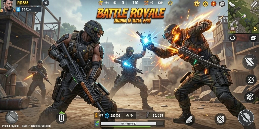 Tangkapan layar utama RI188 menampilkan pemain beraksi dalam pertempuran Battle Royale.