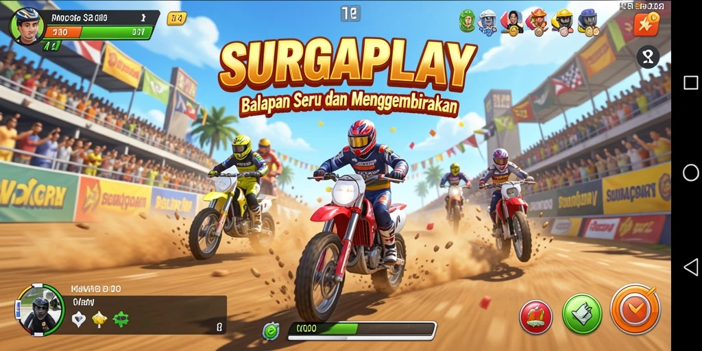 Gameplay SURGAPLAY yang seru dengan aksi balap yang mendebarkan.